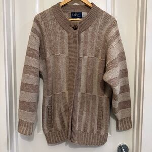 VTG Leroy wool knit Brown multi Striped Sweater full zip size large ***flaws***